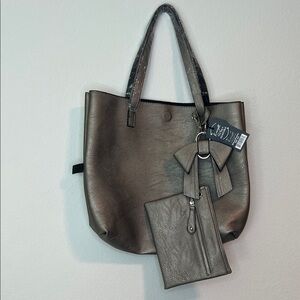 K. Carroll Reversible Tote Bow Bag Metallic Matching Pouch NWT RFID Pewter Black